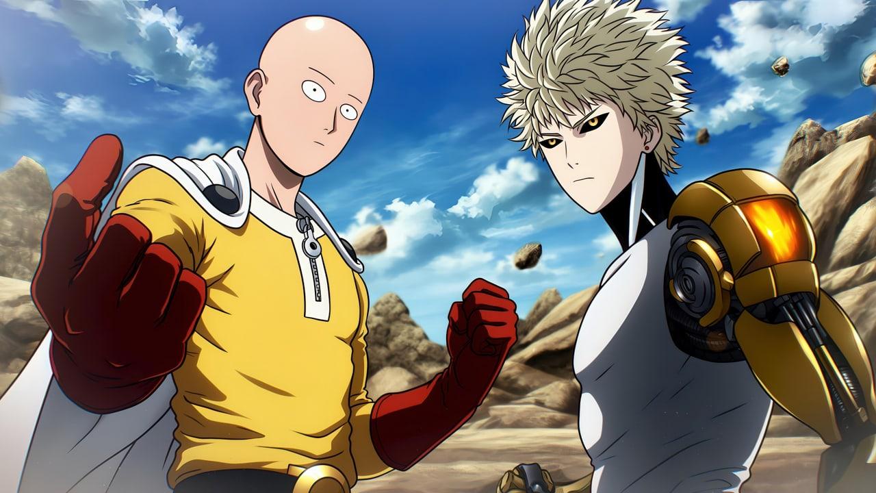 Saitama and Genos face forward beneath a blue sky with drifting stones. A red glove on the left and gold mechanical armor on the right frame the rocky setting.