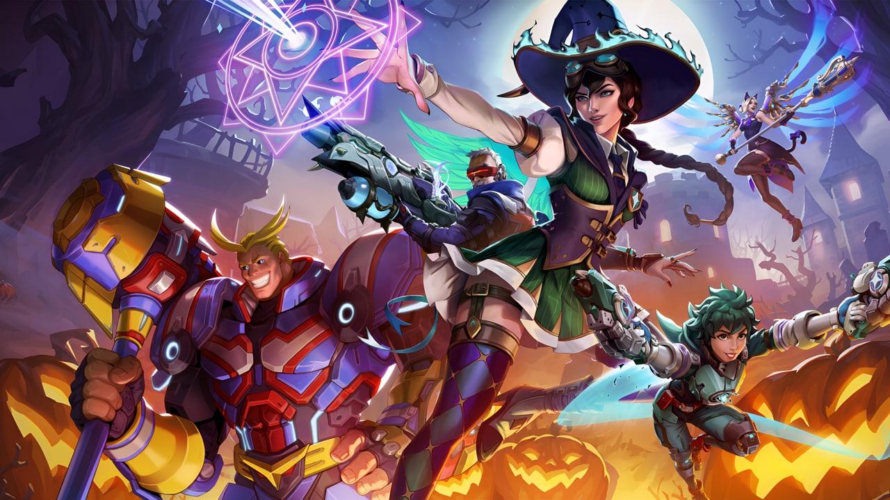 Costumed heroes gather among glowing pumpkins beneath a purple sky. A hammer and armored figure fill the left, with pumpkins and haunted architecture at the right.