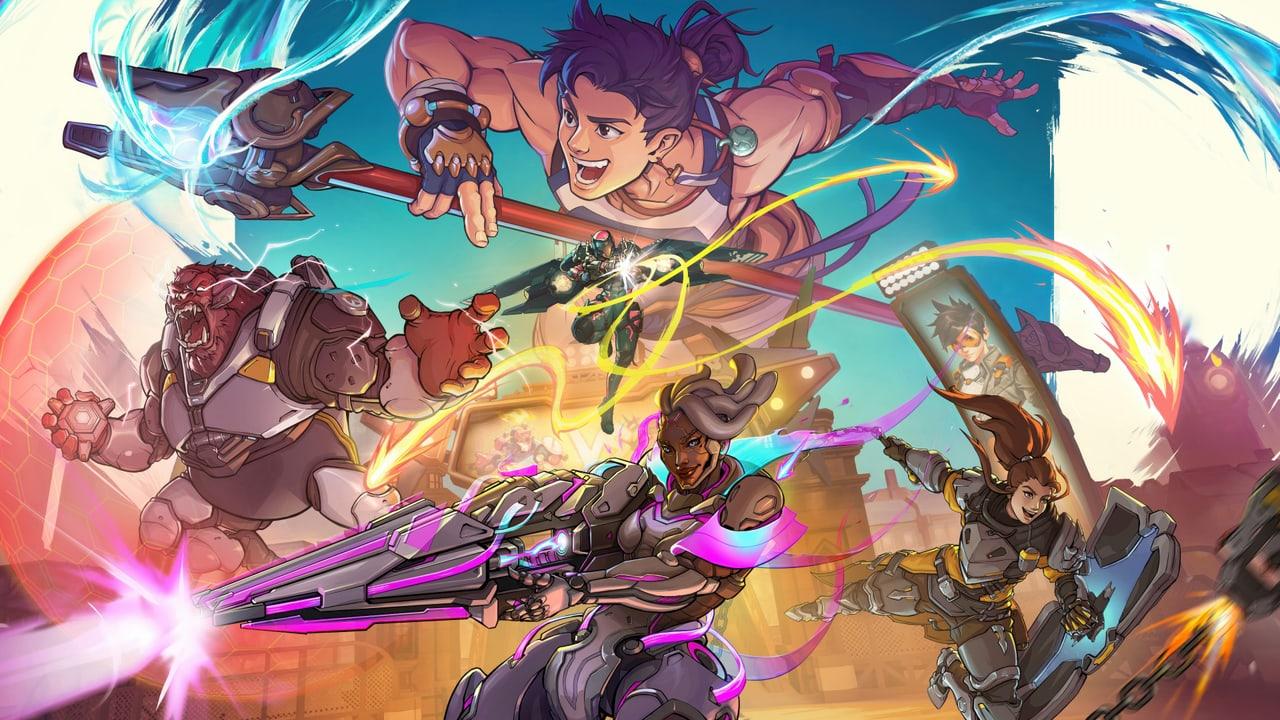 Overwatch heroes charge through broad turquoise, pink and yellow brushstrokes. Armor and energy effects continue into the margins, preserving the action around the chat.