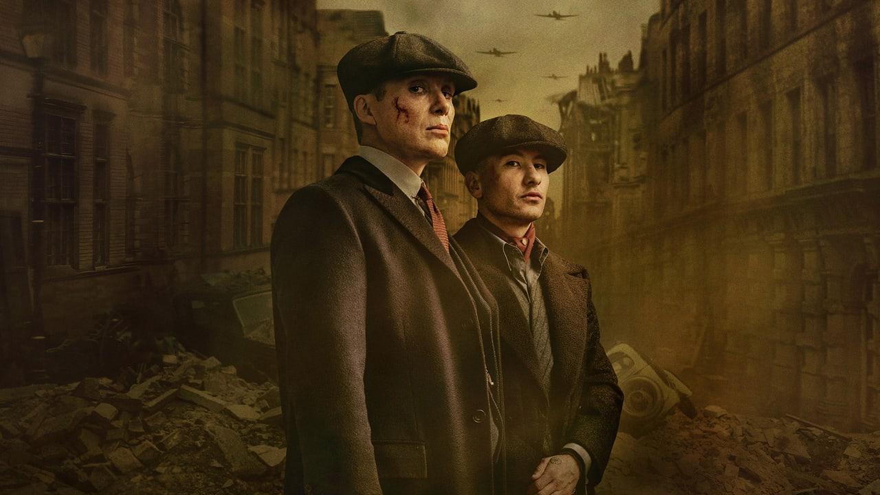 Two flat-capped figures stand among damaged buildings in a murky ochre streetscape. Broken masonry extends along both sides without relying on a central logo. Source: 4kwallpapers.com. Original artist not identified by the source page.