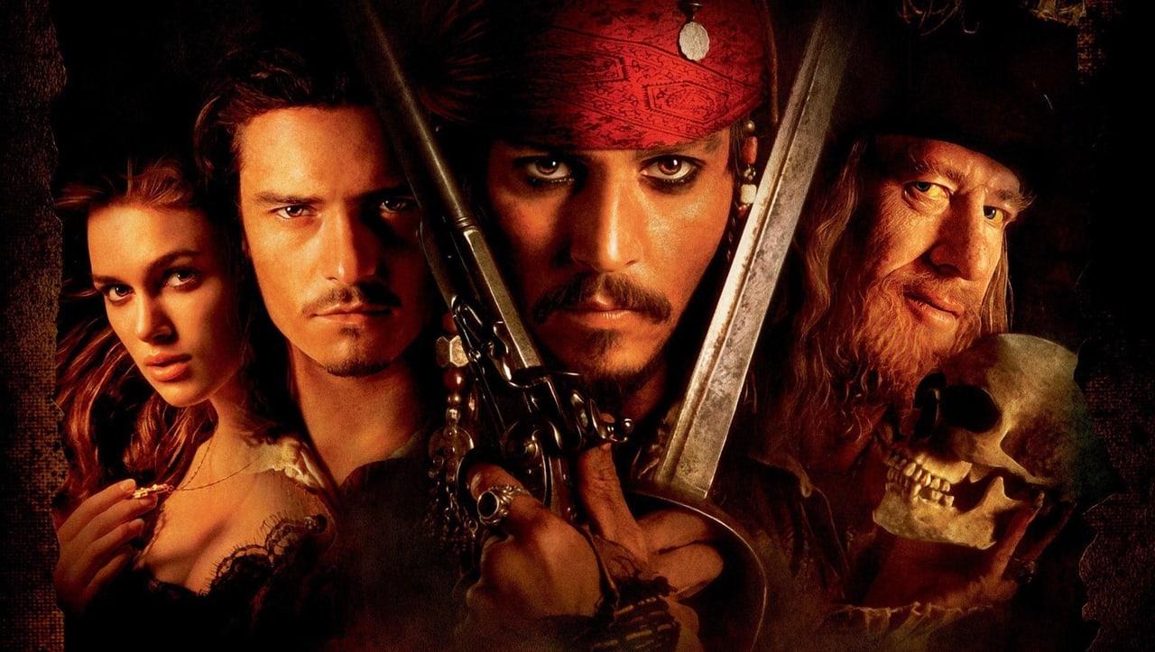 Jack, Will, Elizabeth and Barbossa fill a warm red-and-gold portrait montage. Faces at the edges keep the pirate cast visible when the middle is occupied. Source: WallpaperCat (uploader zoreilly). Original artist not identified.