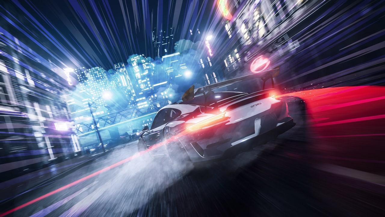 A rear-view Porsche races through a city with blue light trails and a red taillight streak.