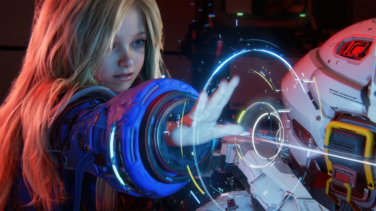 Blue holographic rings surround Diana against red illumination and heavy white armor. Flowing hair and suit details on the left balance the armored figure at the right.