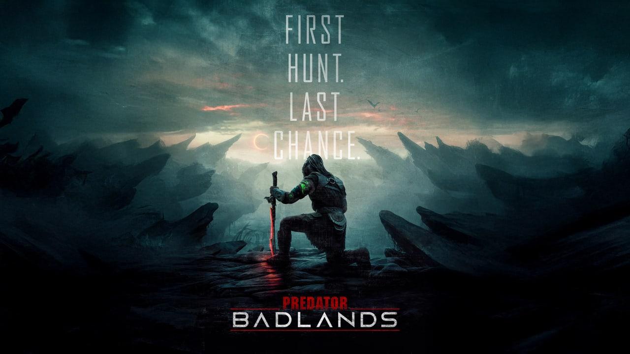 A kneeling hunter holds a red blade beneath storm clouds. Receding black ridges extend toward both edges, framing the pale opening in the center.