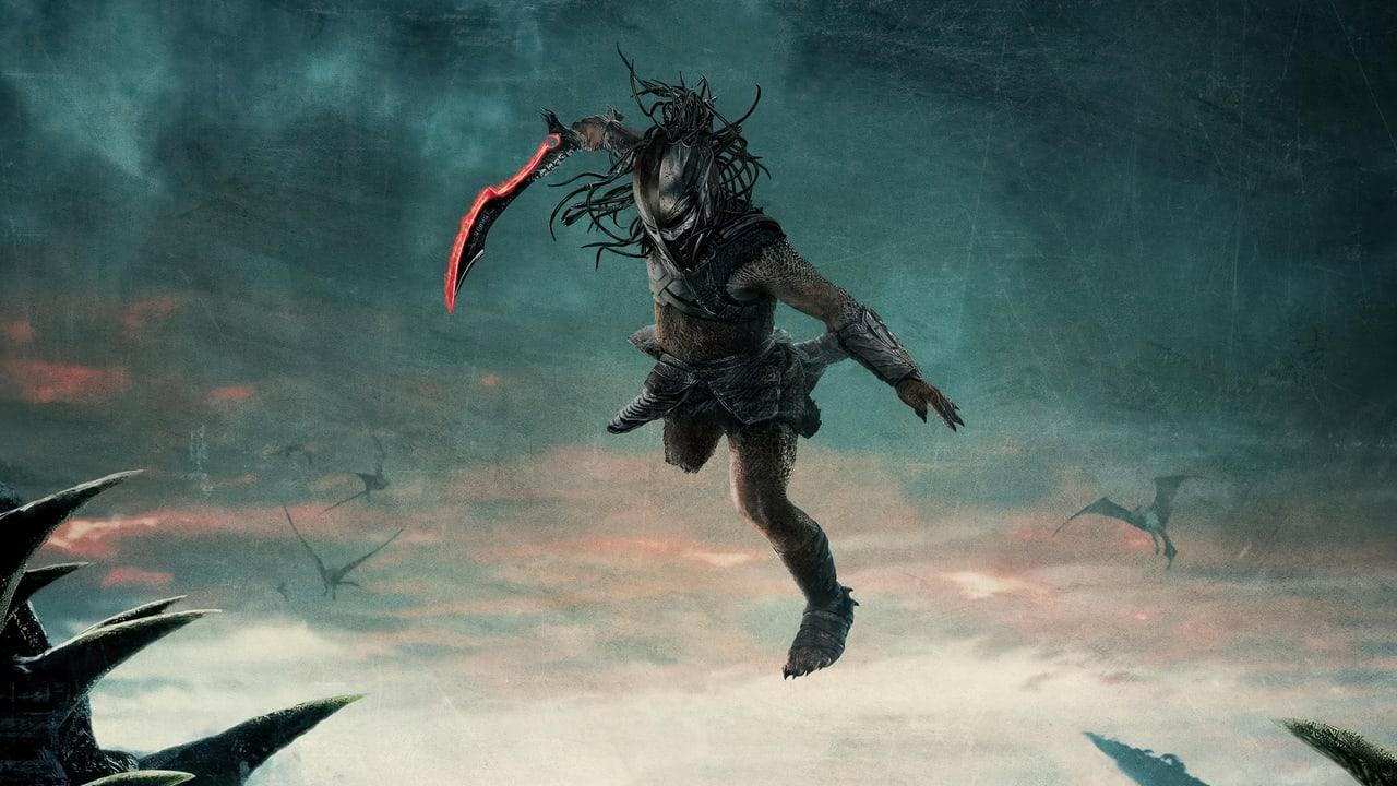 A Predator leaps through a misty teal landscape above jagged formations. Flying creatures and pointed terrain carry the scene to the left and right margins.