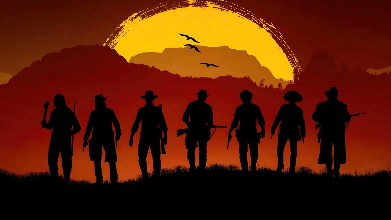 Seven armed silhouettes walk beneath an oversized yellow sun over a red mountain range. The outlying riders and ridge line hold the horizon open. Source: 4kwallpapers.com. Original artist not identified by the source page.