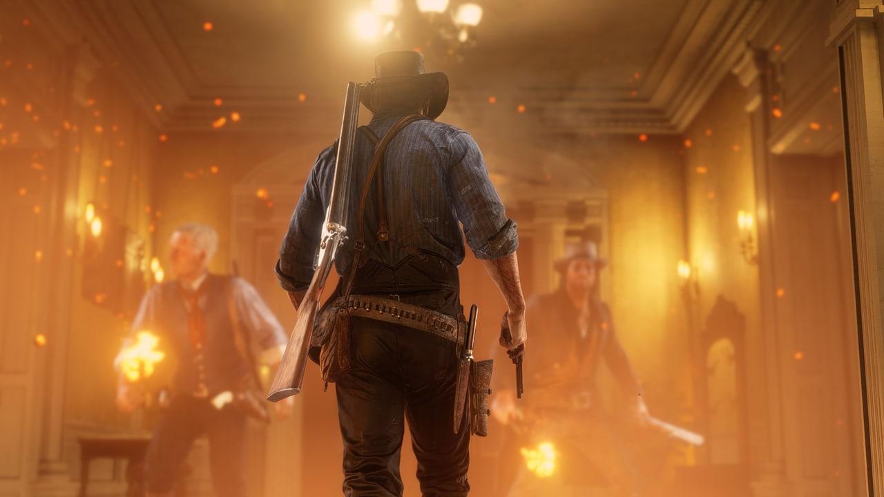 A gunslinger enters a saloon filled with warm light, smoke and scattered flames. Timber columns and background figures carry the western interior across the frame. Source: 4kwallpapers.com. Original artist not identified by the source page.