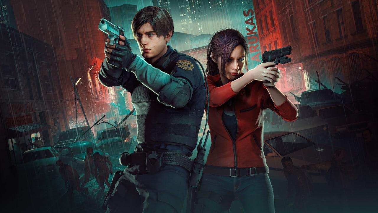 Leon and Claire hold their weapons in a rain-soaked city street. Brick buildings, signs and reflected teal light give the scene depth beyond the pair. Source: 4kwallpapers.com. Original artist not identified by the source page.