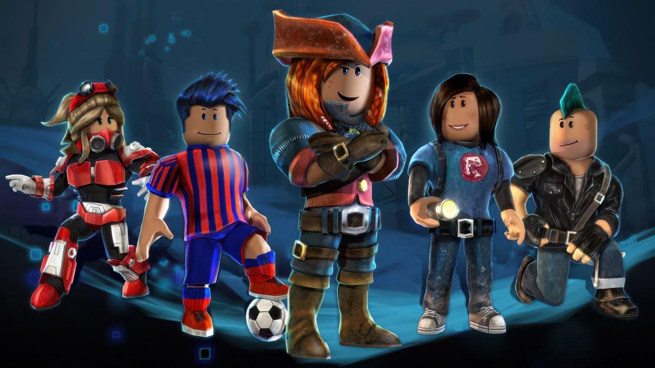 Five differently dressed Roblox avatars form a lineup against a dark blue scene.