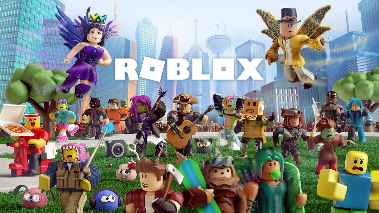 A large group of Roblox avatars stands before pale city buildings and a blue sky, with the Roblox wordmark above.