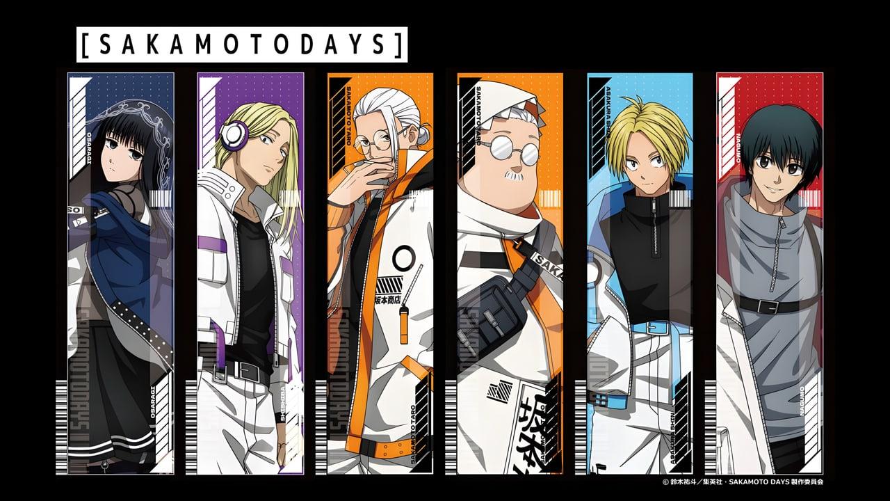 Six Sakamoto Days characters occupy tall, differently colored strips against black. The outer characters remain visible while the central lineup sits behind the chat.