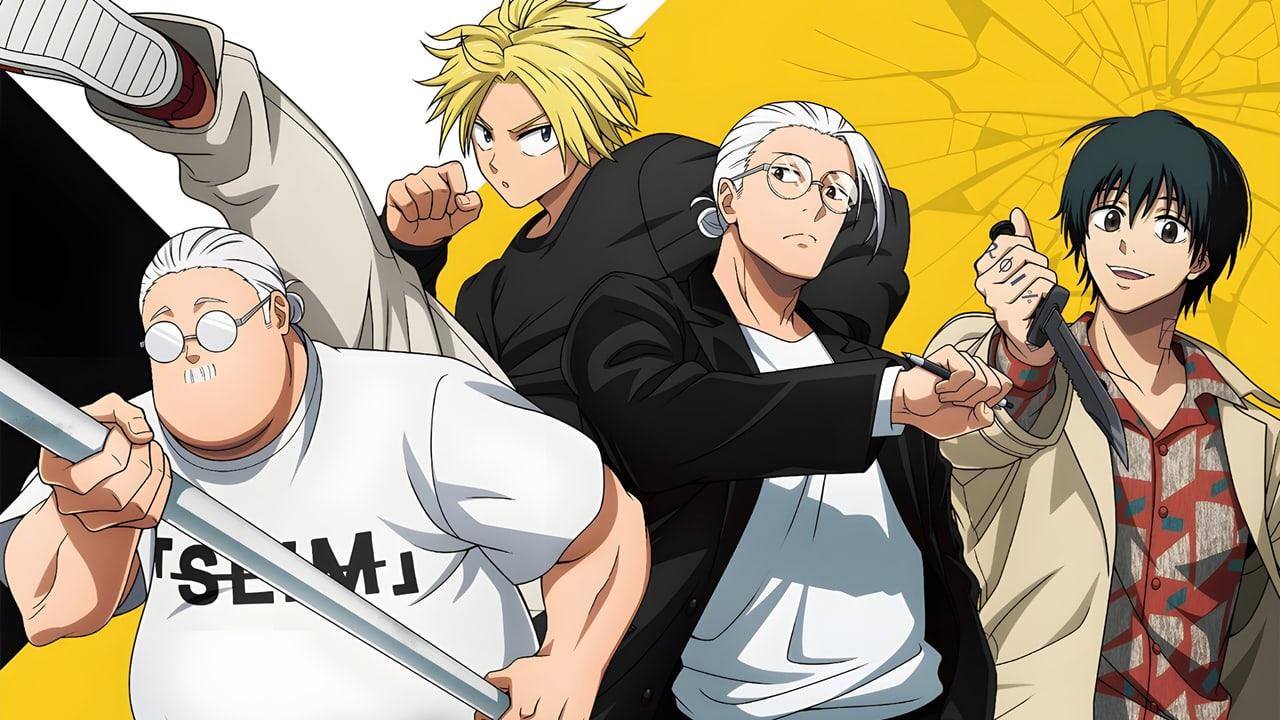 Sakamoto and his allies burst across a yellow and white graphic composition. A shoe and Sakamoto remain at the left, with another full-height character at the right.