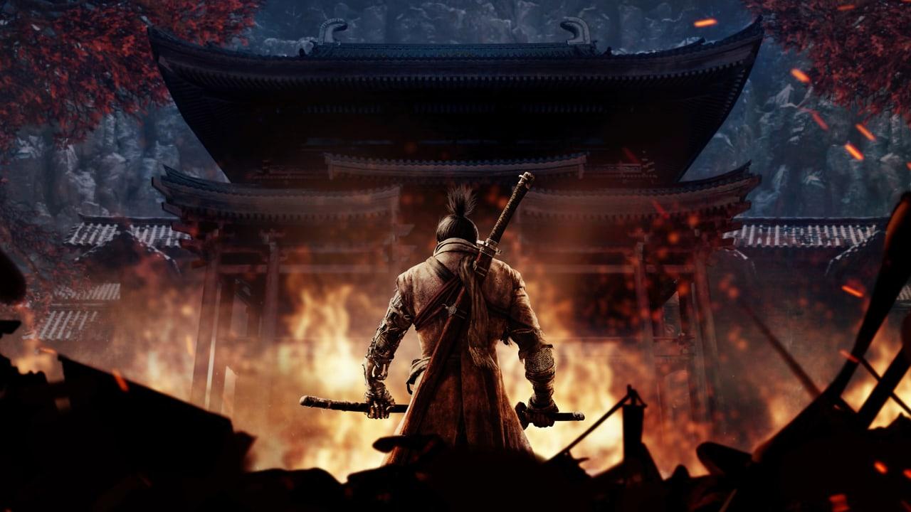Wolf stands in a night scene filled with temple fire and airborne debris. Red foliage, timber and flame create detail outside the central silhouette.