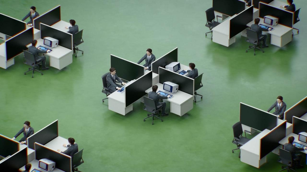 Identical desks and green carpet turn the Lumon office into a repeating geometric pattern. Cubicles at both edges preserve the office setting around a busy conversation. Source: WallpaperCat (uploader nellie33). Original artist not identified.
