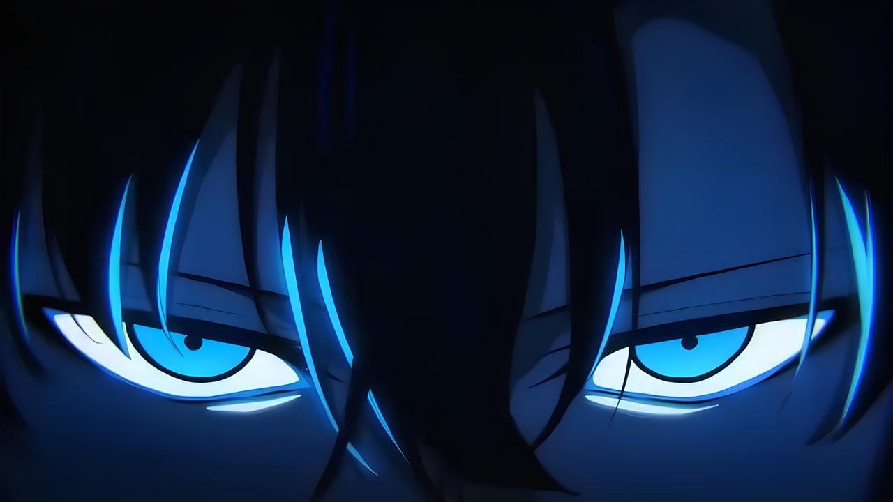 An extreme close-up of Sung Jinwoo’s eyes glows electric blue beneath dark hair.