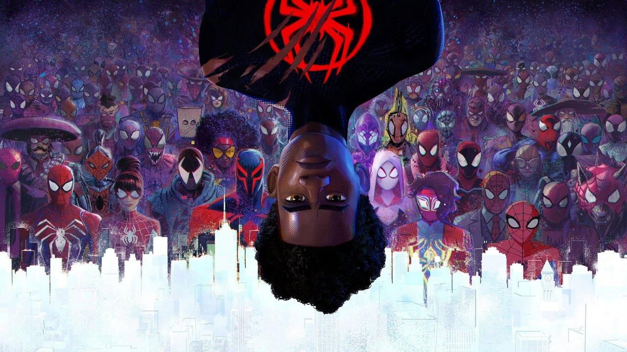 An upside-down Miles Morales hangs over a dense crowd of Spider-people against a purple field and white skyline.