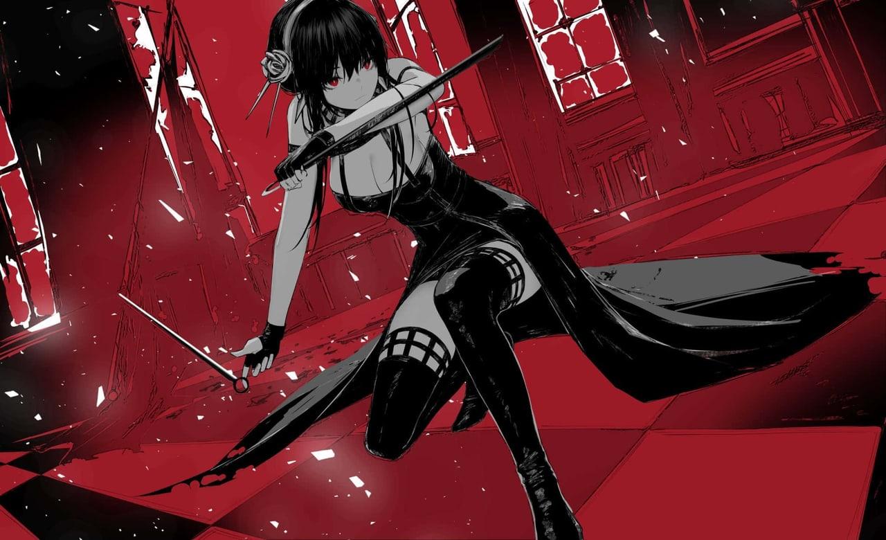 Yor moves through a red interior beneath dark framing and angular furniture. The room's architectural lines extend around the central action pose. Source: we-l on Wallpapers.com. Original artist not identified by the page.