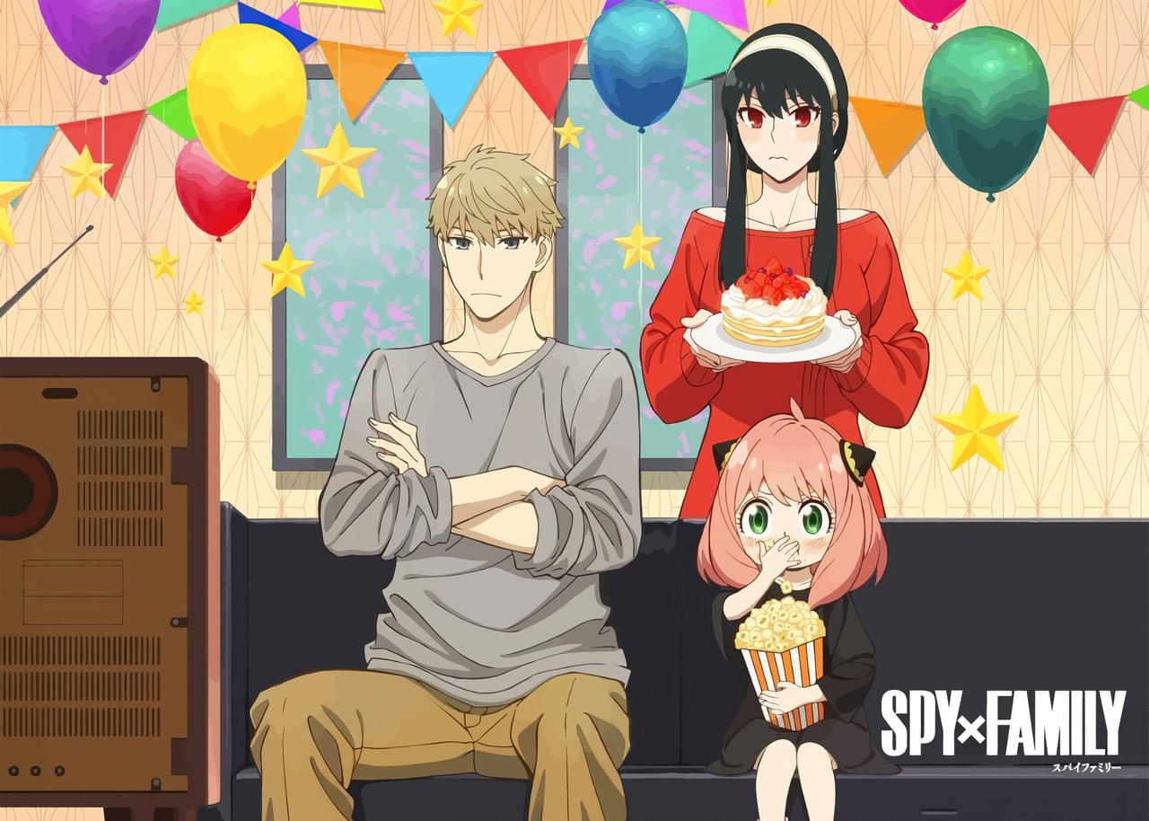 The Forger family gathers with a cake, balloons and party bunting in a warm living room. A cabinet and hanging decorations retain the domestic setting at the margins. Source: 4kwallpapers.com. Original artist not identified by the source page.