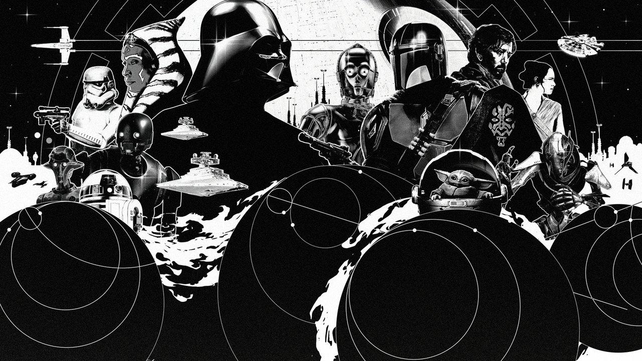 Black-and-white Star Wars character portraits and spacecraft fill a dense horizontal collage.