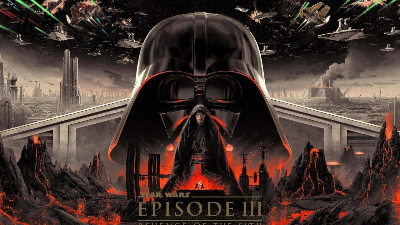Darth Vader’s helmet towers above a lava landscape, with starfighters and a city skyline spreading across the upper frame.