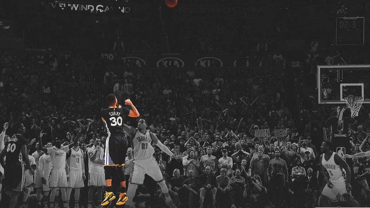 Curry releases a shot over a largely desaturated arena scene, with selective gold accents on his uniform. Spectators and the distant basket span the background. Source: atkins on Wallpapers.com. Original artist not identified by the page.
