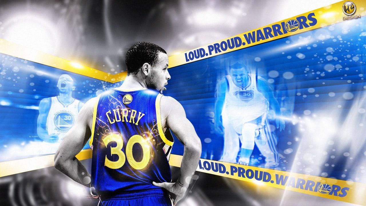 Curry's number 30 jersey sits within a blue-and-gold fan graphic with repeated portraits and banners. Bright diagonal strips carry the team colors across the frame. Source: ropeman on Wallpapers.com. Original artist not identified by the page.