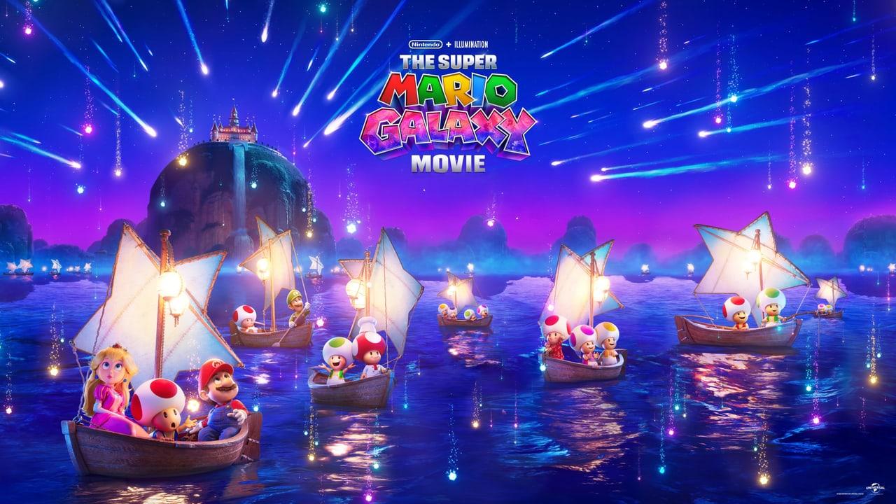 Small boats carrying familiar Mushroom Kingdom characters drift across blue water beneath falling lights. Glowing sails and reflections create a wide nighttime scene. Source: 4kwallpapers.com. Original artist not identified by the source page.