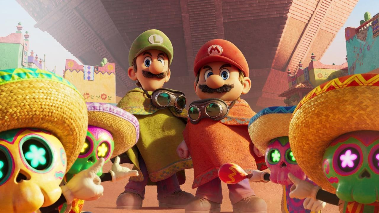 Mario and Luigi stand among brightly decorated skeleton-faced Toads in a sunlit town. Oversized hats and festive buildings fill the outer edges. Source: 4kwallpapers.com. Original artist not identified by the source page.