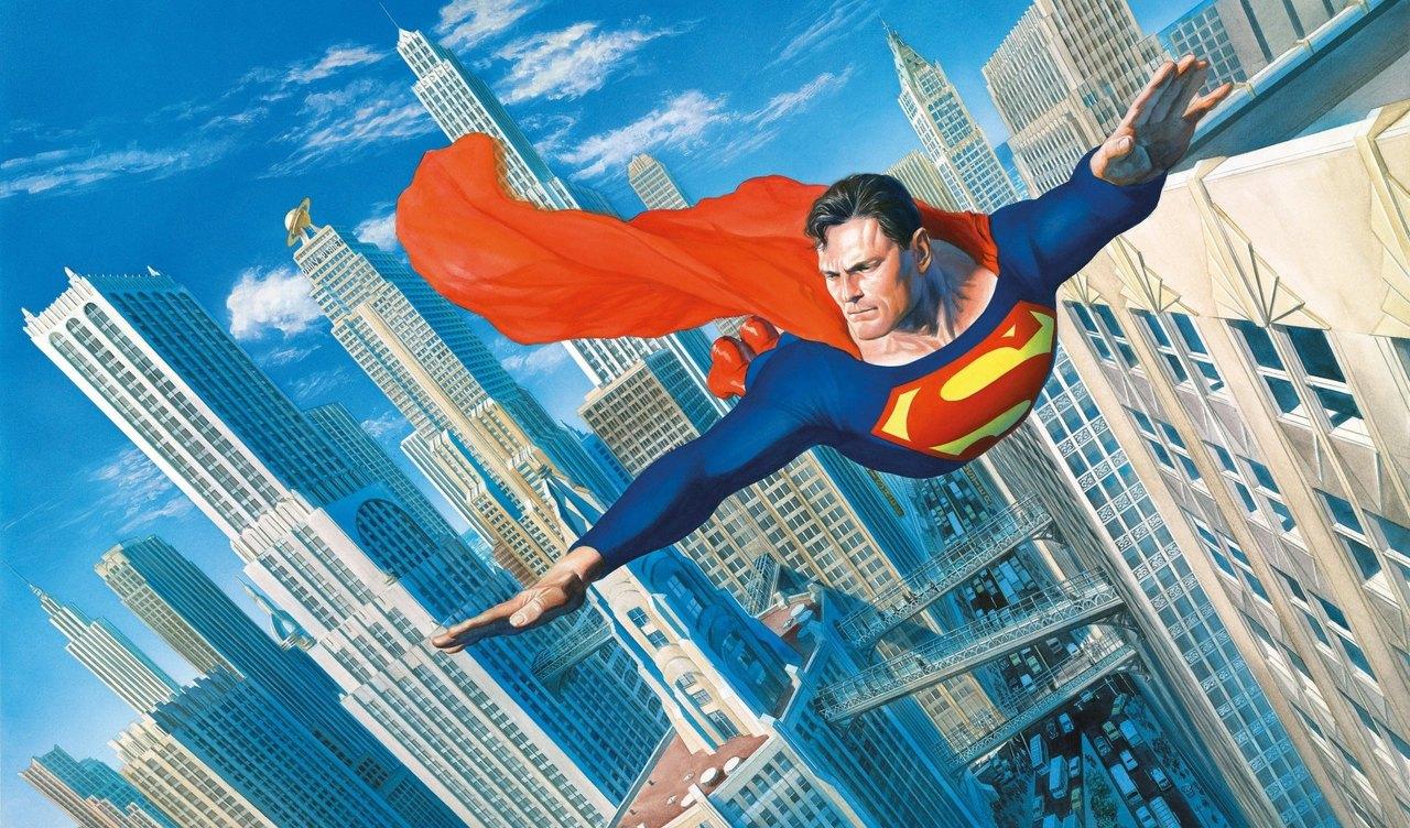 A painted Superman flies diagonally across a blue sky and a bright, detailed Metropolis skyline.