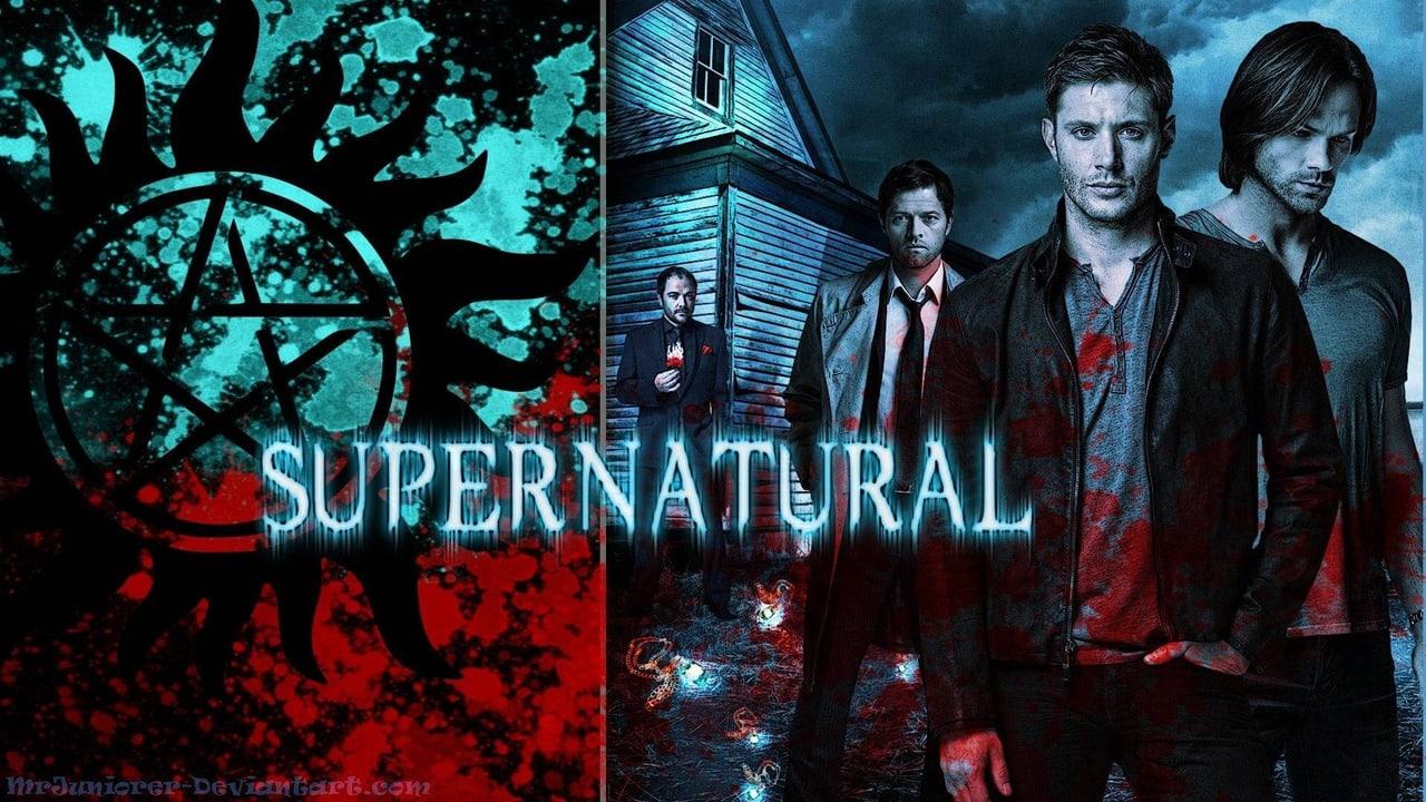 The cast shares a cyan and red collage with a house and anti-possession symbol. The large symbol fills the left margin while a character anchors the right.