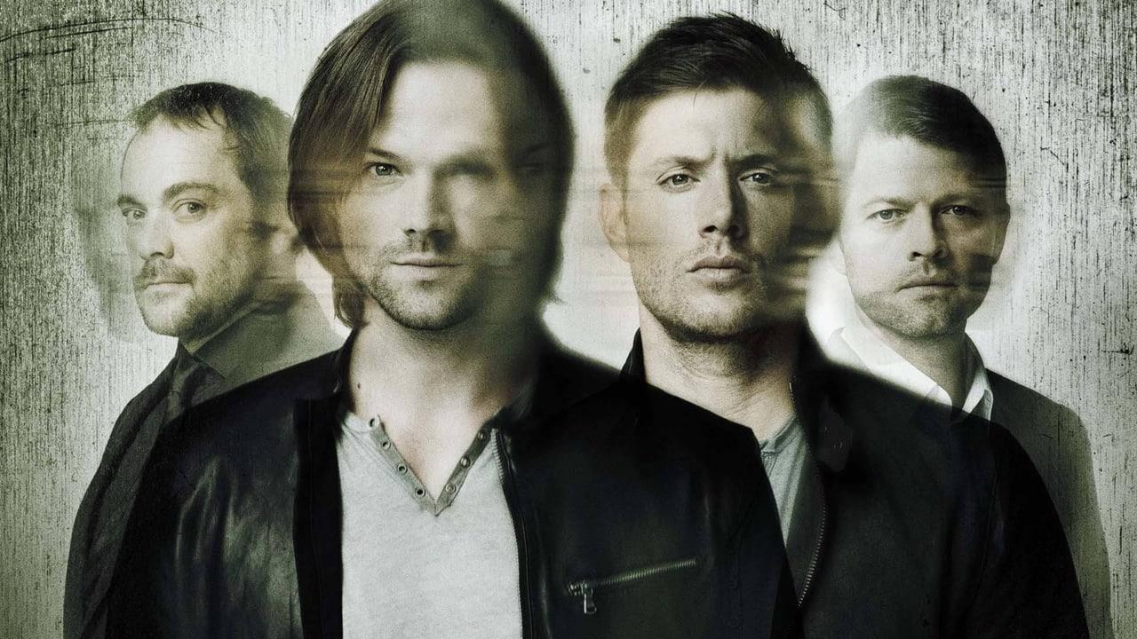 Four Supernatural characters stand against pale distressed paper. The outside cast members and grainy texture remain visible beside the conversation.