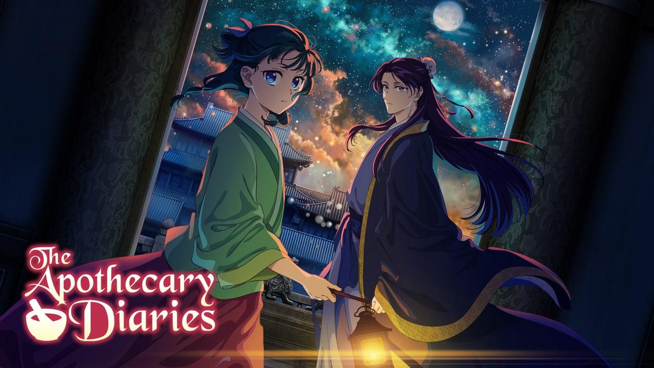 Maomao and Jinshi pause between carved pillars beneath a luminous night sky. Dark blue columns, flowing fabric and the visible source title frame the scene.