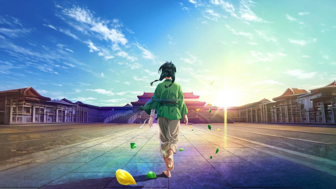 Maomao walks toward the sun through an expansive palace courtyard. Long rooflines and reflective paving create balanced architectural edges on either side.