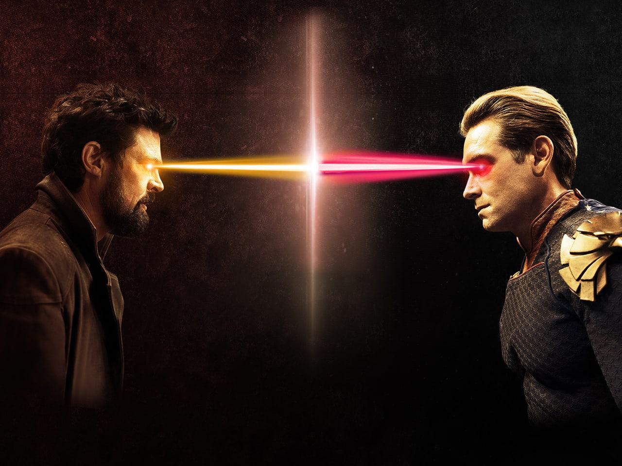 Butcher and Homelander face one another as red and gold beams meet between them. Their coats and armor remain at the edges of the otherwise shadowy composition. Source: 4kwallpapers.com. Original artist not identified by the source page.