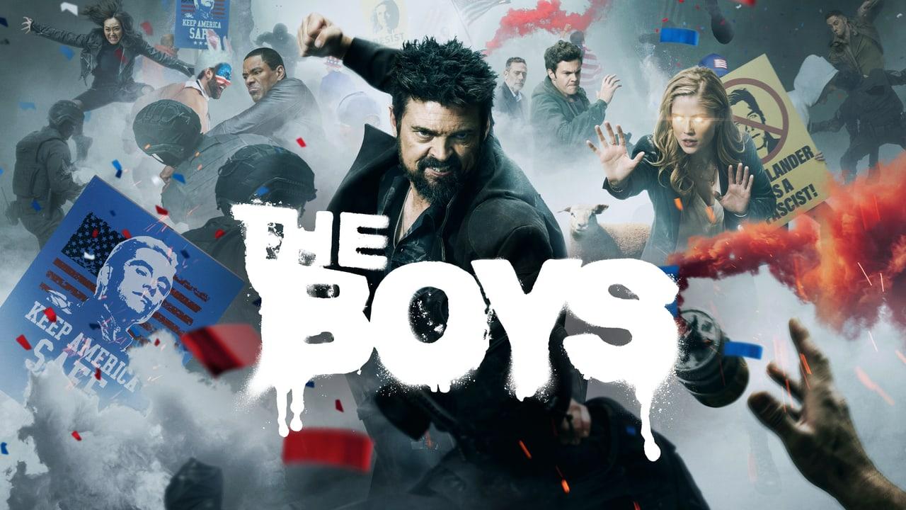 The cast crashes through smoke, campaign placards and flying debris in a cool-toned collage. Scattered figures and red accents keep both margins active. Source: 4kwallpapers.com. Original artist not identified by the source page.