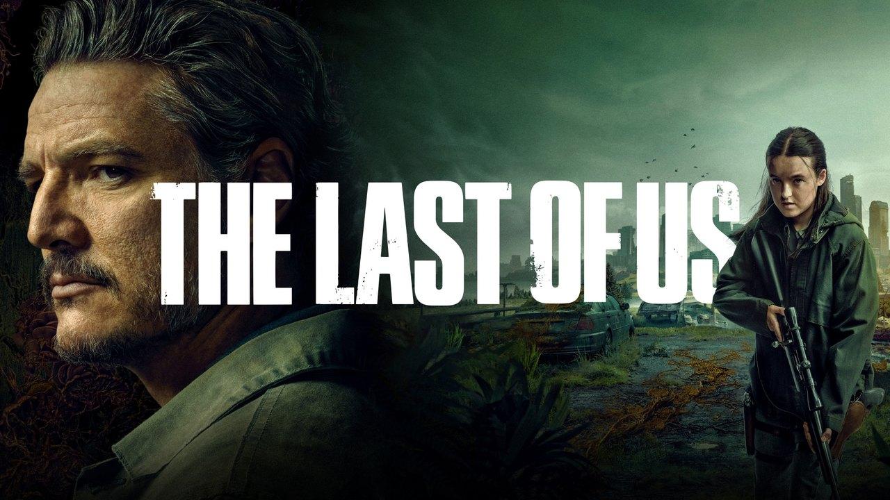 A large close portrait of Joel fills the left side while Ellie stands at the right against a green ruined-city background.