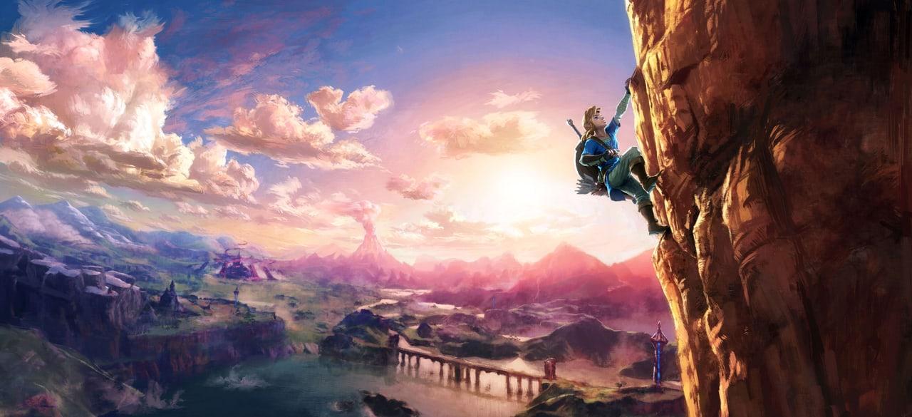 Link climbs a sheer rock face above a vast valley at sunset. A shadowed cliff on the right balances distant bridges and purple hills on the left. Source: 4kwallpapers.com. Original artist not identified by the source page.