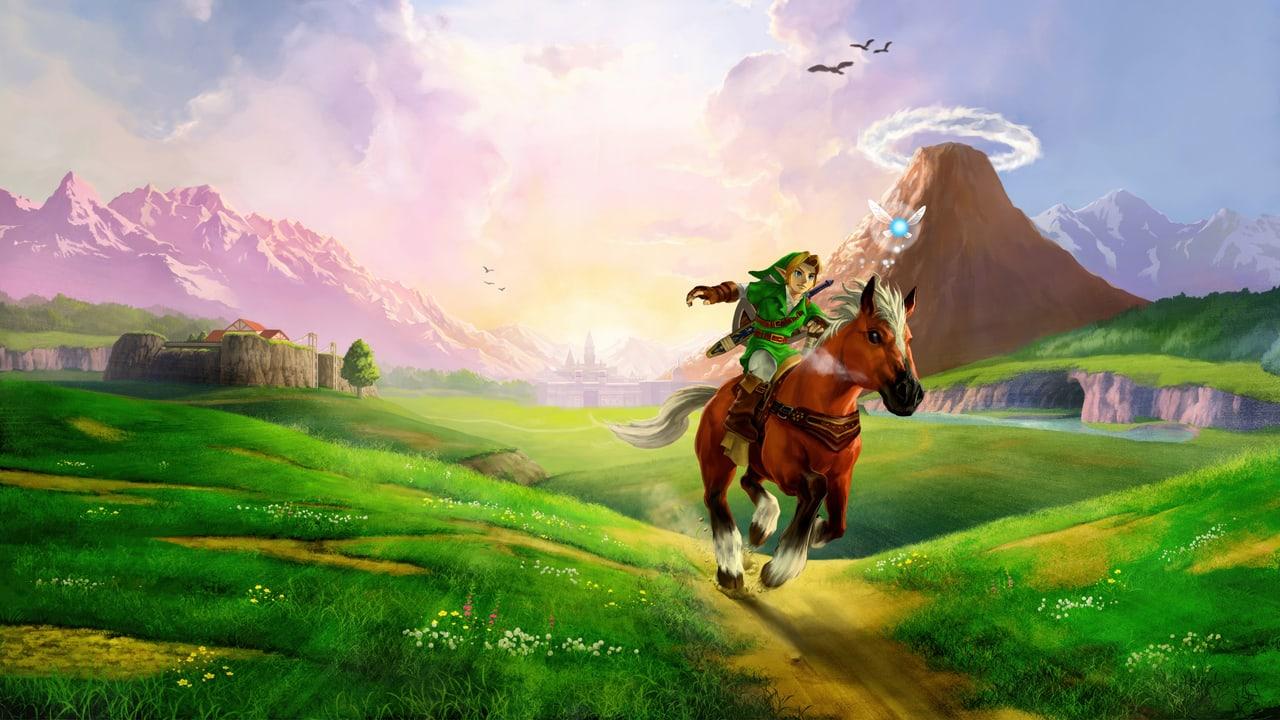 Link rides through rolling green fields beneath a pale sky and distant mountains. Flowers and ridges create a broad landscape around the horse. Source: 4kwallpapers.com. Original artist not identified by the source page.