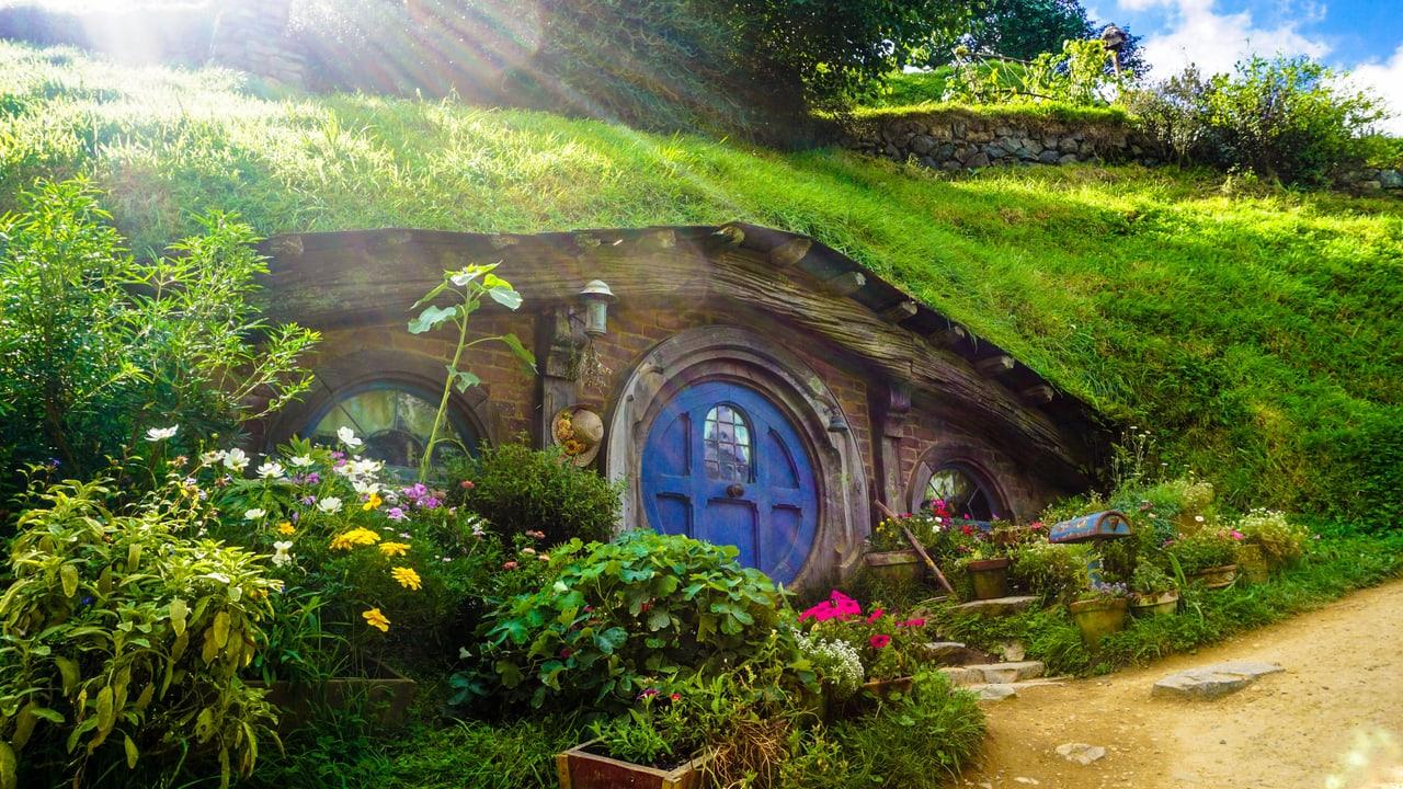 A blue round door nestles beneath a grassy roof in a sunlit Hobbiton garden. Flowers, hedges and a sandy path wrap around the cottage. Source: 4kwallpapers.com. Original artist not identified by the source page.