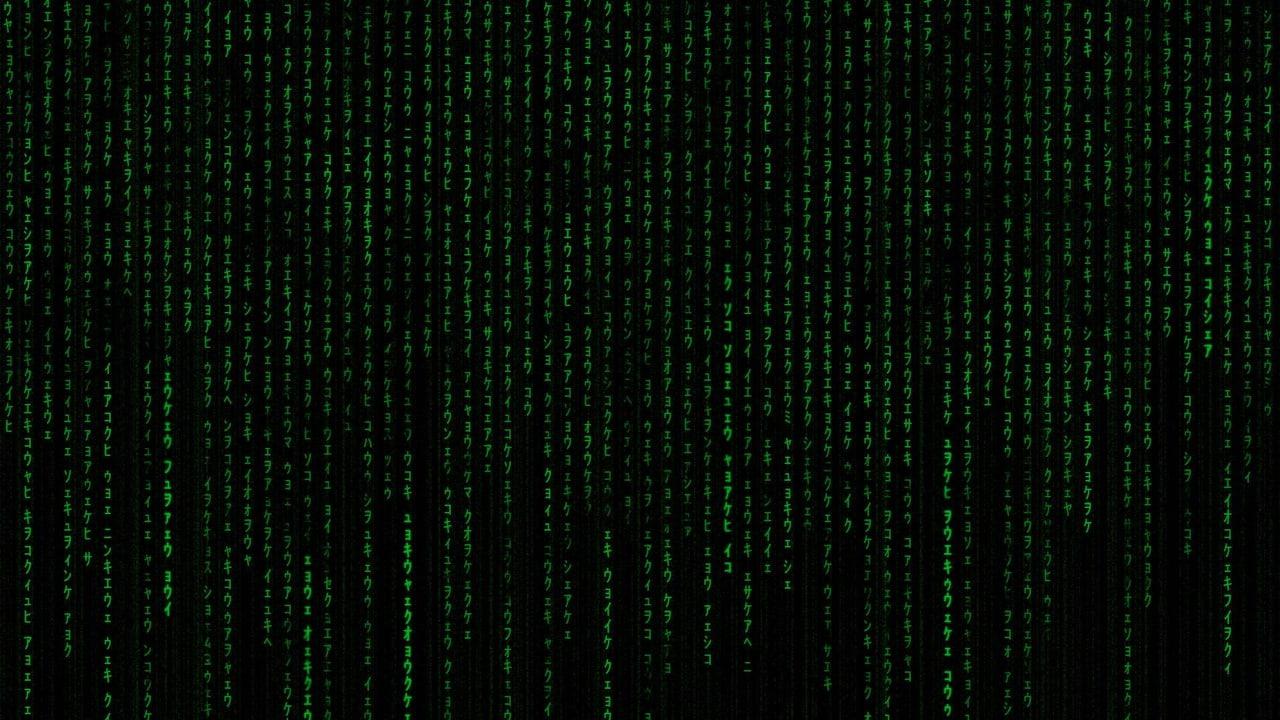 Thin green symbol streams fall through a nearly black field. Their restrained glow keeps the Matrix motif present along both sides of the screen. Source: sepleshakov on Wallpapers.com. Original artist not identified by the page.