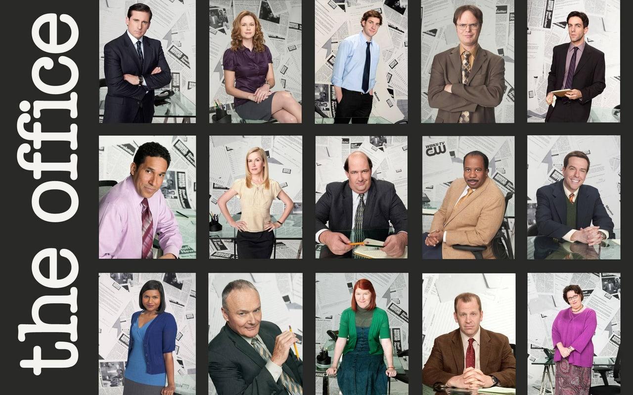 A grid of cast portraits sits beside a tall The Office wordmark. Paper patterns and outer portrait panels create a graphic border around the conversation.
