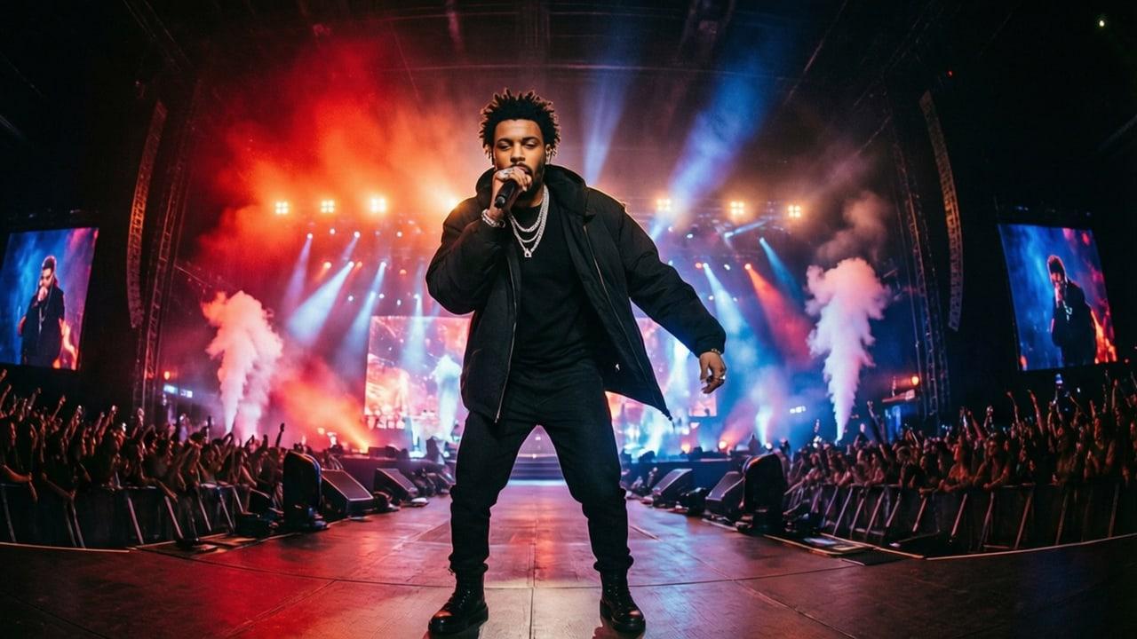 A concert-style illustration surrounds The Weeknd with red smoke, blue beams and a dense audience. Large side screens repeat the performance motif at the edges. Source: jovemailyo on Wallpapers.com. Original artist not identified by the page.
