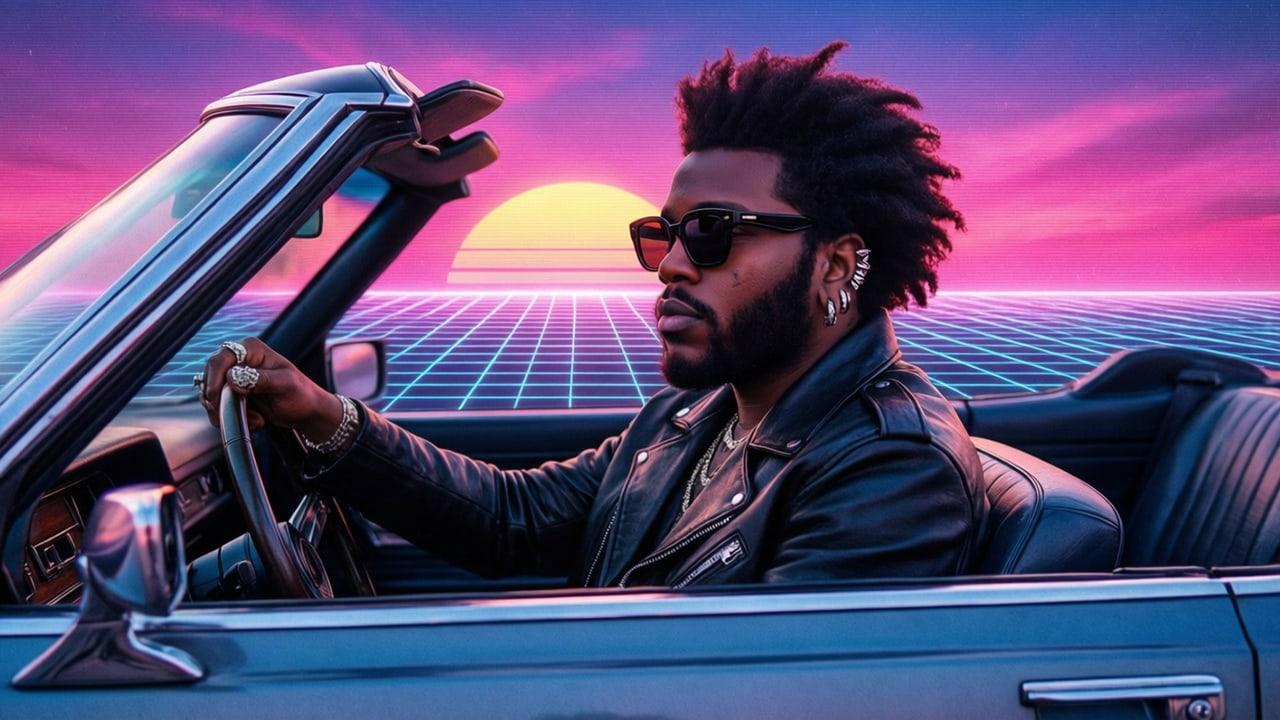 A stylized illustration of The Weeknd places him in a convertible against a pink sunset and geometric horizon. The dashboard, door and sky extend past the central portrait. Source: volodeamed on Wallpapers.com. Original artist not identified by the page.