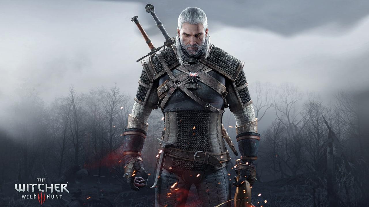 Geralt stands before a fog-covered woodland with two swords above his shoulders. Fine bare branches and ash-gray clouds extend across the background. Source: 4kwallpapers.com. Original artist not identified by the source page.