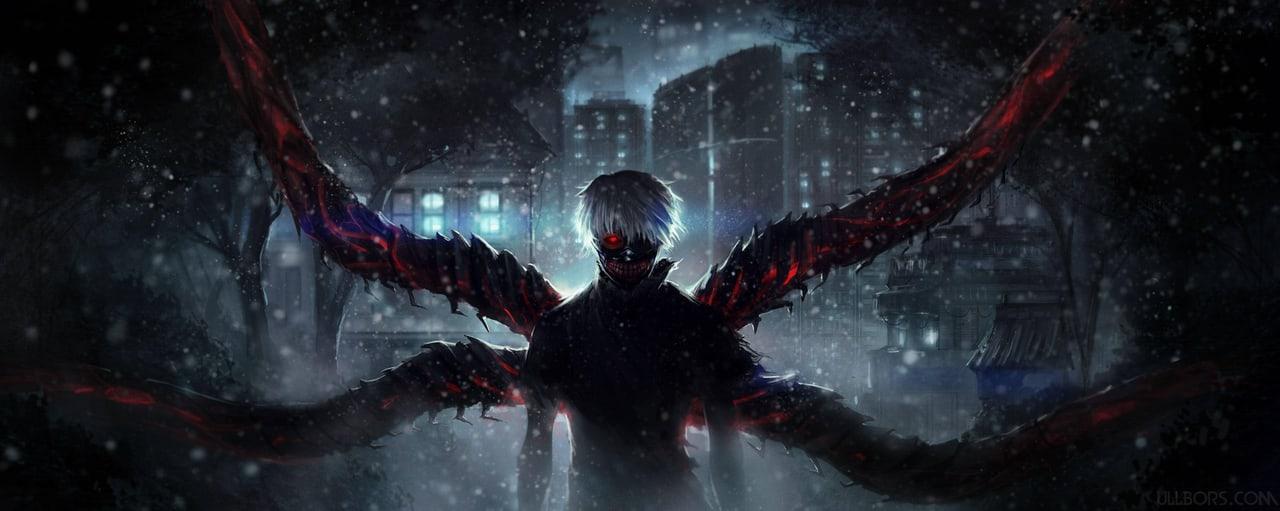 Kaneki stands with his kagune spread across a snowy night scene. Dark branches, curved red forms and illuminated buildings reach into both outer strips.