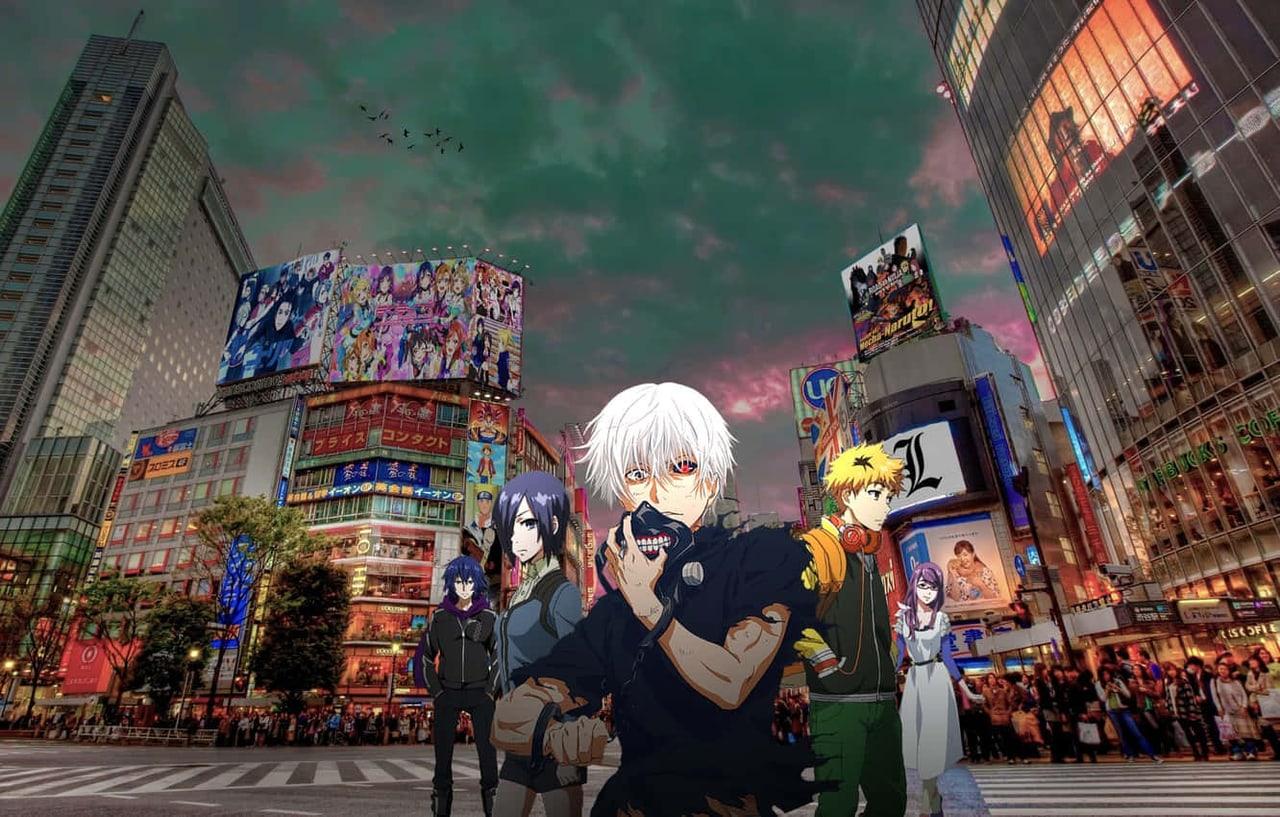Kaneki and other Tokyo Ghoul characters gather at a busy city crossing. Tall buildings, advertising screens and street crowds fill both sides of the composition.