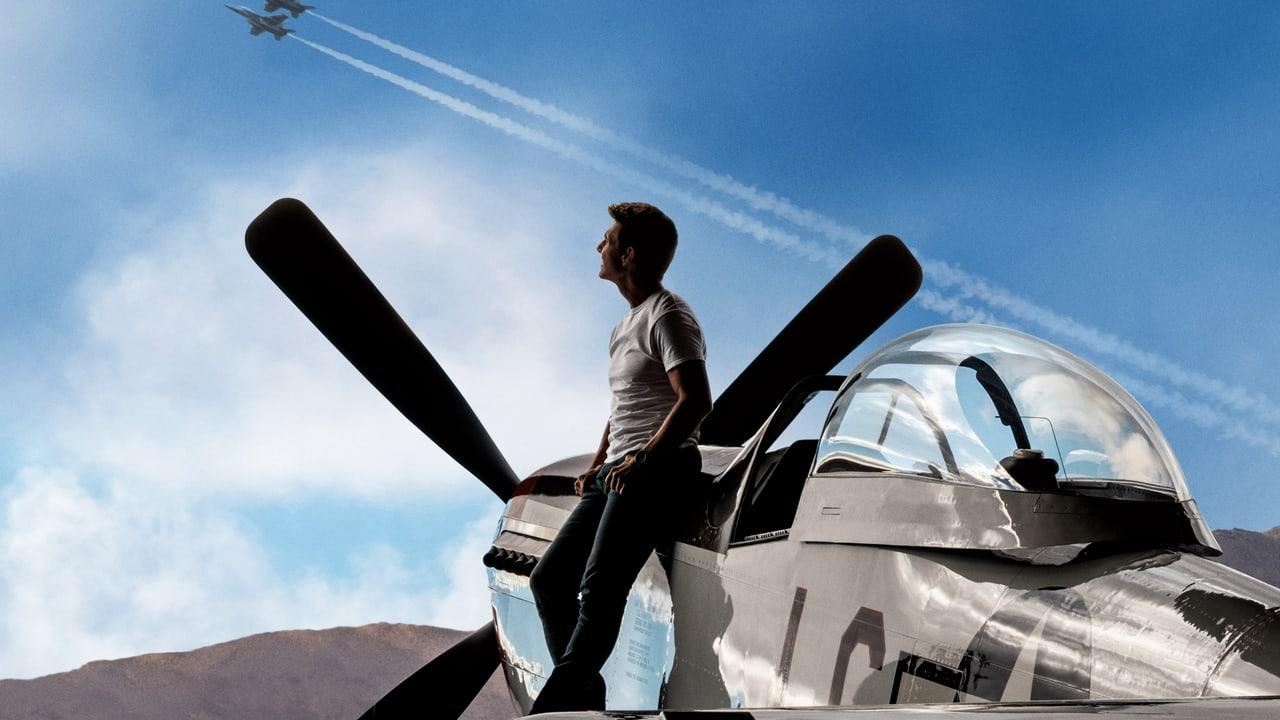 Maverick rests on a propeller aircraft as jets leave contrails overhead. Mountain ridges, cloud layers and polished aircraft skin occupy the edges.