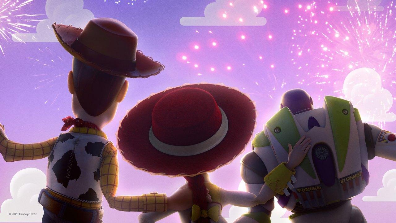 Woody, Jessie and Buzz face a lavender sky filled with pastel fireworks.