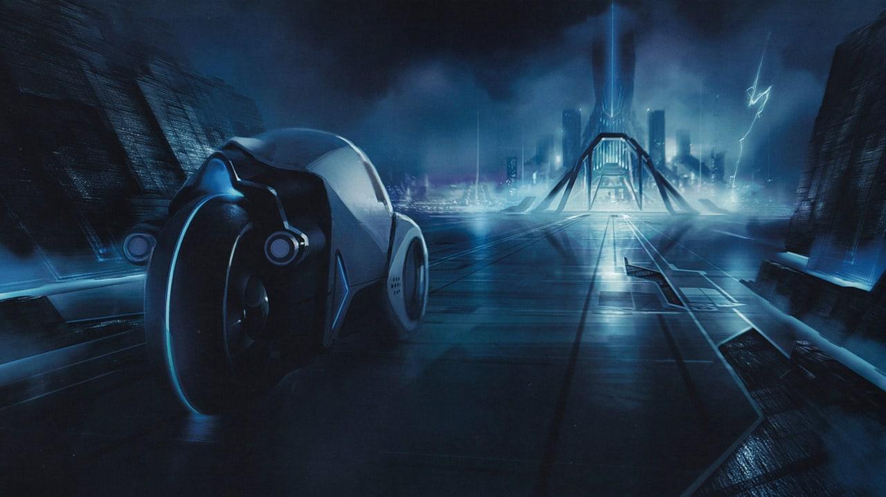 A dark lightcycle heads toward a distant illuminated city across a reflective road. Angular structures and blue lane lighting define the margins. Source: skjones on Wallpapers.com. Original artist not identified by the page.