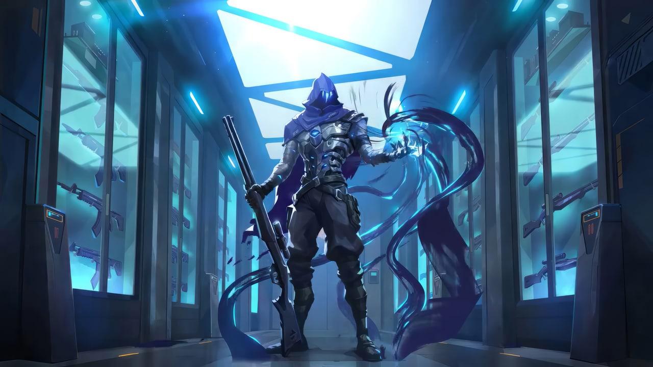 Omen stands in an angular passage lit by bright cyan-blue windows and overhead light.
